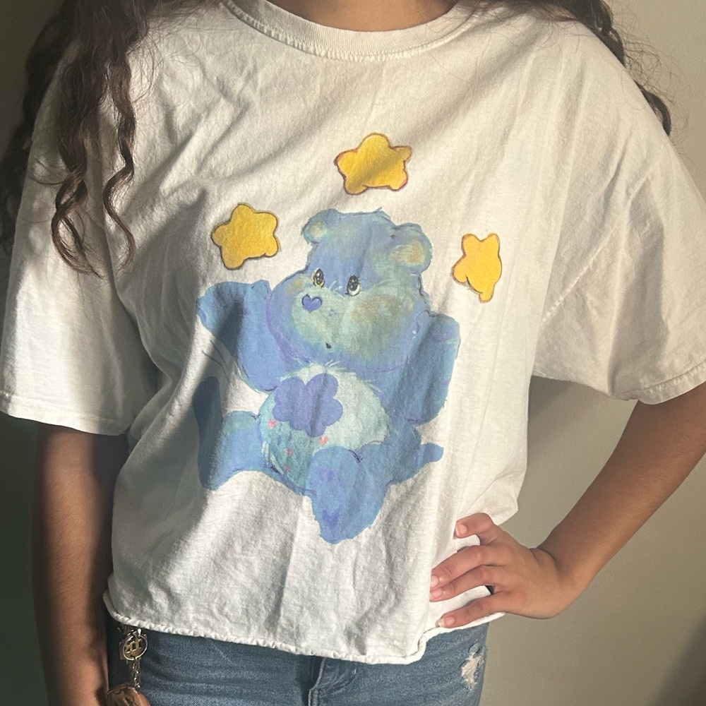 New Care Bears Graphic Print Grumpy Bear Tie-Dye Raw Hem Relaxed Crop T-shirt